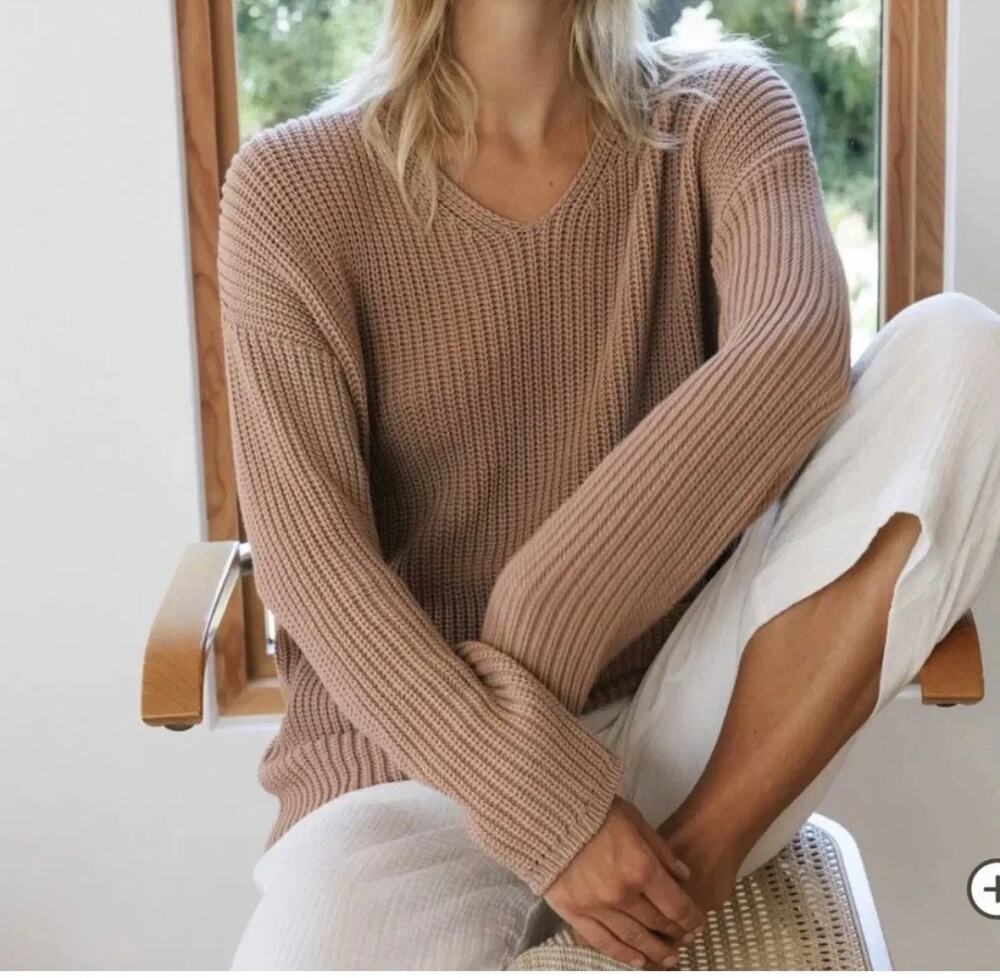 JENNI KAYNE Rose Tan Cotton Cabin SweaterV Neck  Oversized Size XS
